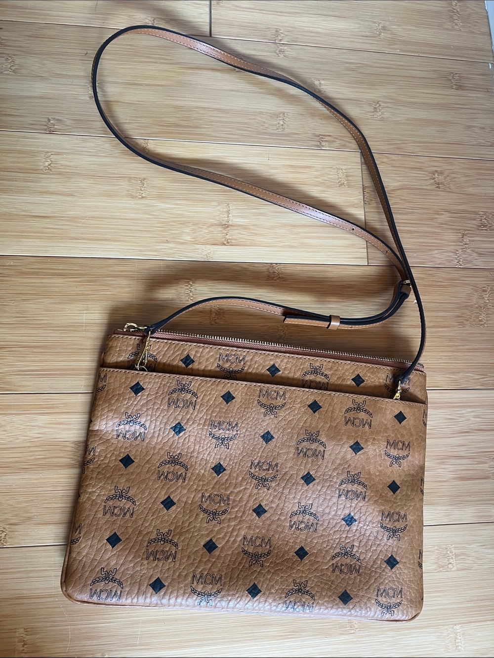 MCM Cognac Monogram Crossbody Pouch In Visetos Original
